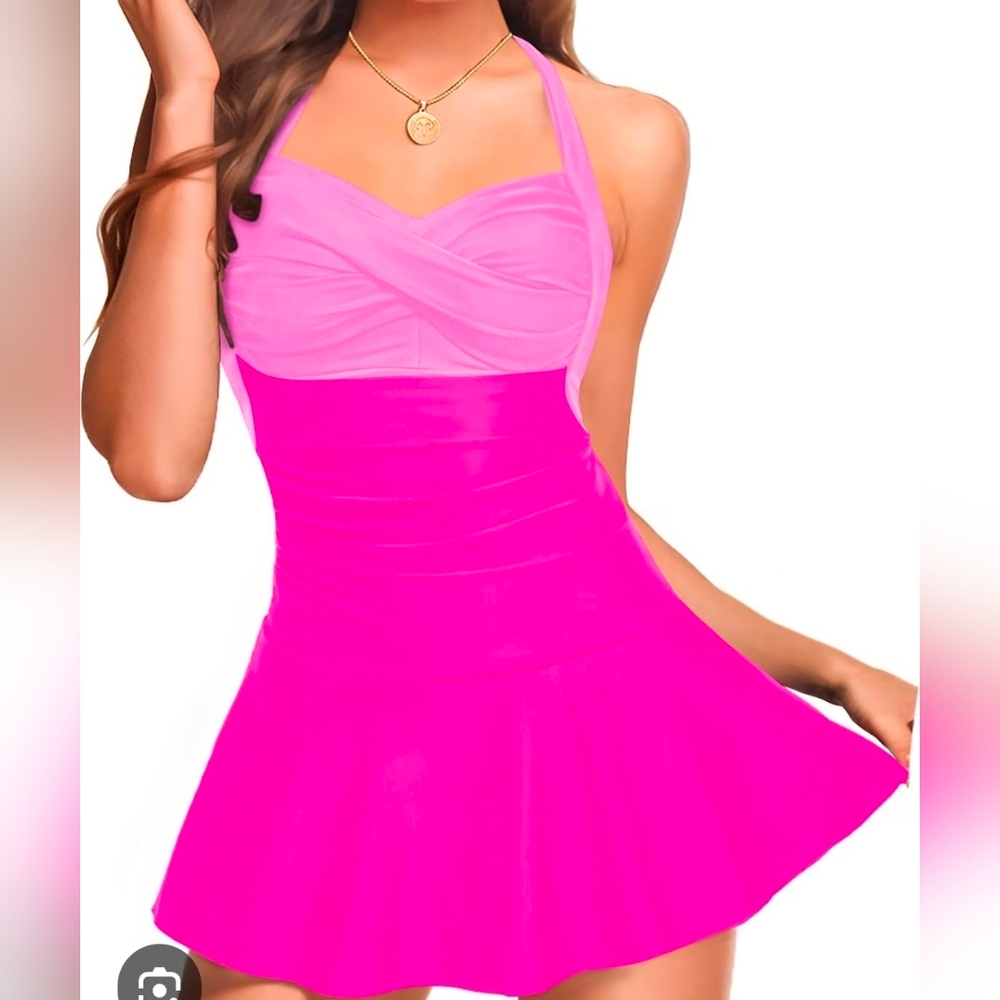NWT Women"s Two Tone Pink Tummy Control Halter Swim Dress (Size XL)